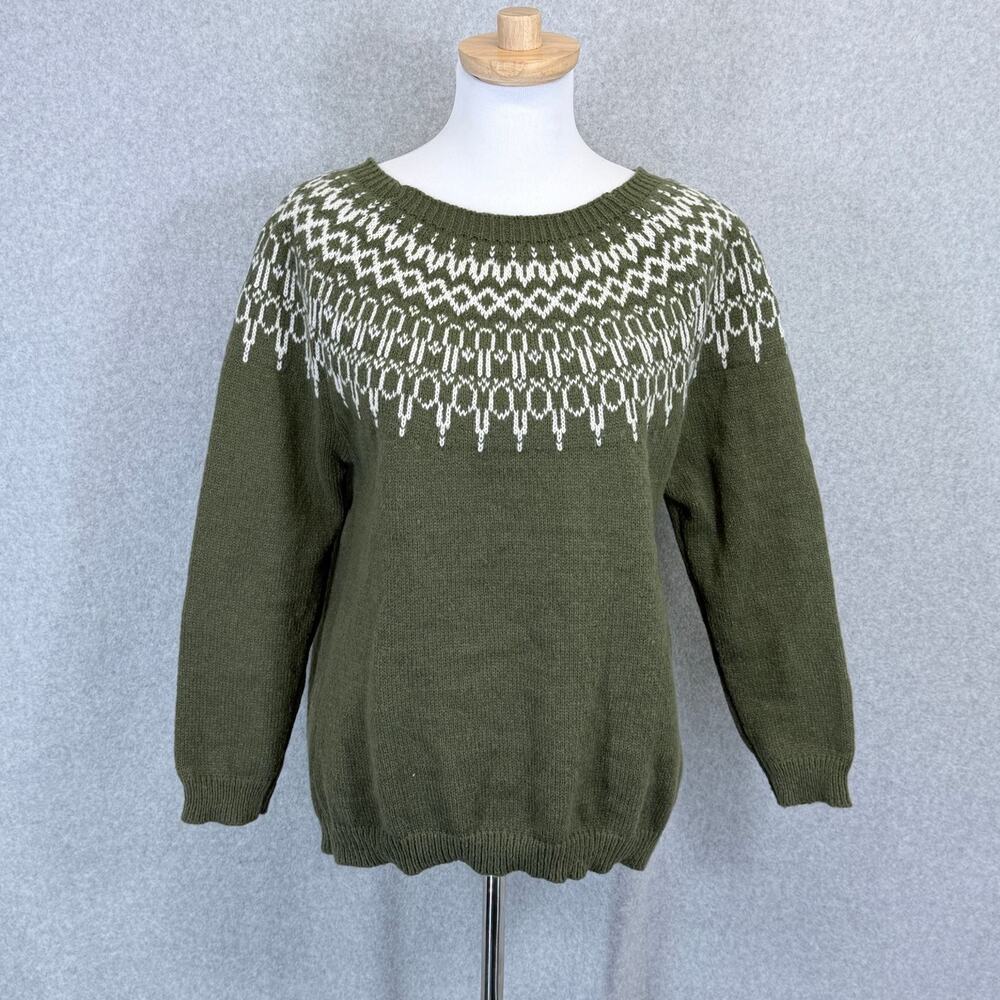 Olive Green Nordic Fair Isle Knit Sweater Women Small White Pattern Pullover